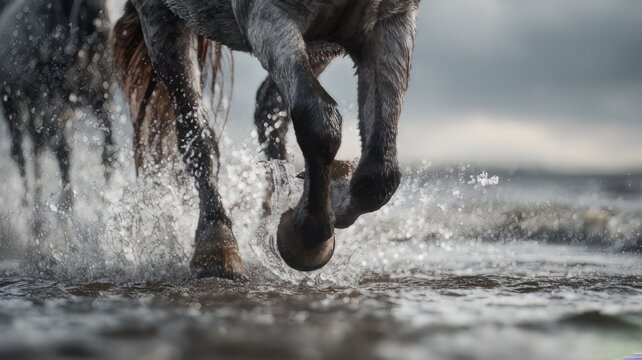 Galloping horse legs splashing through ocean water, majestic wild stallion running on beach, dynamic equine motion in sea spray