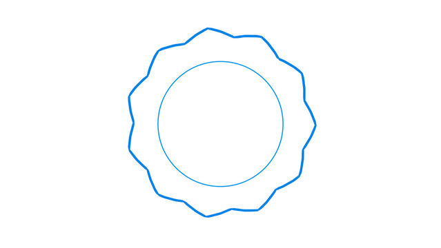 Bold blue sun-shaped badge frames a soft inner circle