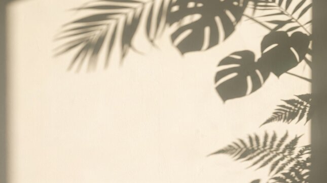 Tropical leaf shadow on beige wall, monstera and palm leaf silhouette background, minimalist aesthetic shadow overlay for product mockup