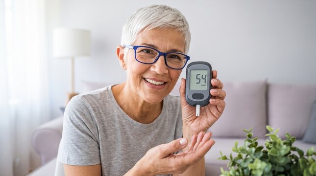 Endocrinology: Senior woman shows 54 mg/dL glucose reading while promoting awareness of low blood sugar