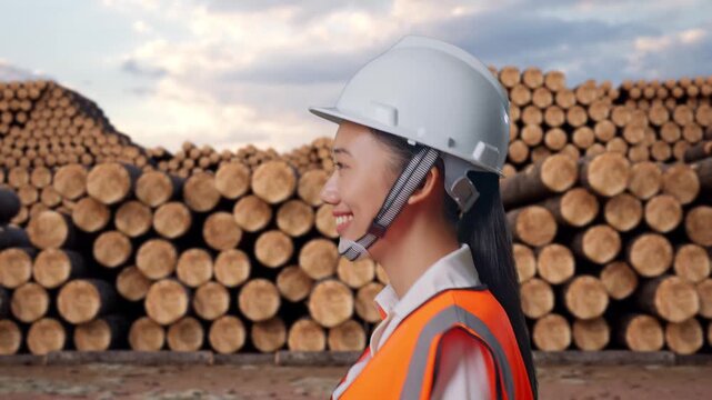 Side View of Asian Female Engineer Walking with Stacked timber logs pile at outdoor lumber yard