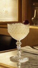 Crystal glass cocktail with ice and cherry garnish on marble table.