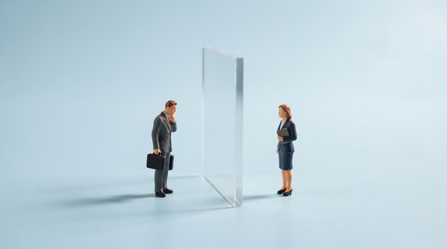 Miniature businessman and businesswoman standing on opposite sides of a clear glass wall representing separation