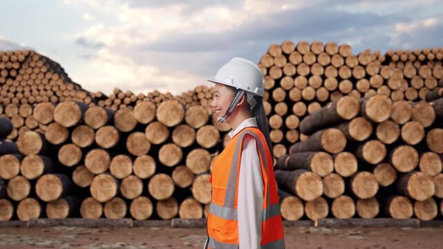 Side View of Asian Female Engineer Walking with Stacked timber logs pile at outdoor lumber yard