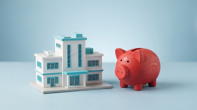 A small toy hospital building model standing next to a red piggy bank on a light blue surface for money saving