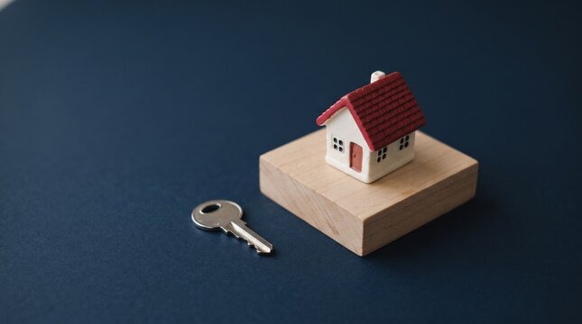 Small model house and metal key on a wooden block representing a new home purchase on a dark blue background