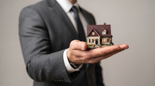 A professional businessman in a suit holding a small model house in his hand as a symbol of real estate deal