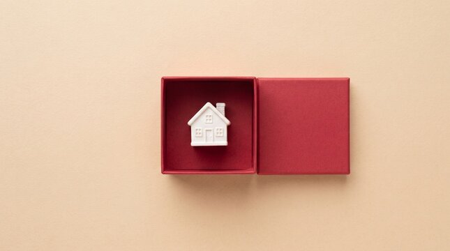 A small white model house sitting inside an open red gift box on a light tan color background surface view