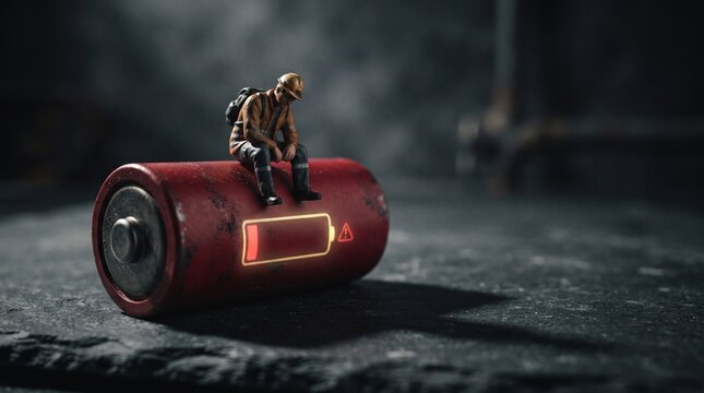 A small tired construction worker sitting on a giant red battery with low power level in a dark industrial room