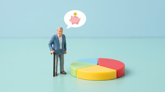 Miniature senior man standing next to a colorful pie chart thinking about his piggy bank savings for retirement