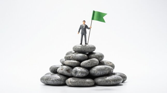 A small business man figurine standing on top of a pile of grey stones holding a green victory flag high up
