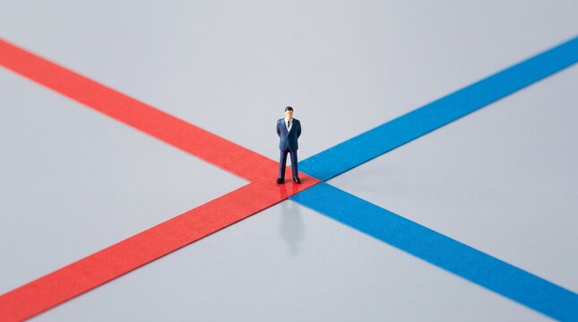 A small business man standing at the intersection of a red and blue line representing a difficult choice
