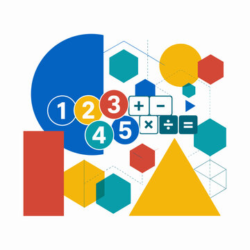 Geometric shapes with numbers and mathematical symbols in a colorful design