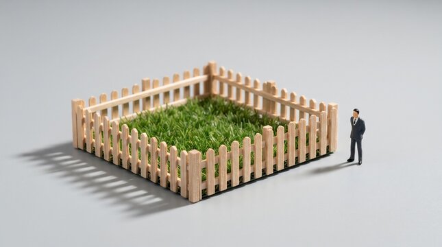 A businessman standing next to a small square plot of land enclosed by a wooden fence in an isometric view