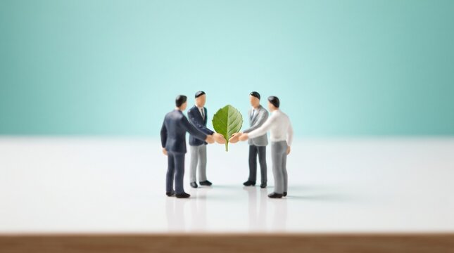 Small business people standing in a circle holding a green leaf together representing nature and ecology