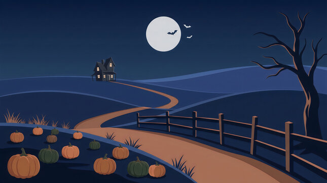 Silhouettes walking on moonlit path with pumpkins