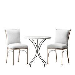 Obraz premium Round marble bistro table with chrome pedestal base and two upholstered dining chairs isolated