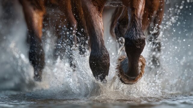 Dynamic horse legs galloping through water, powerful equine hooves splashing in river, cinematic action of wild horses running
