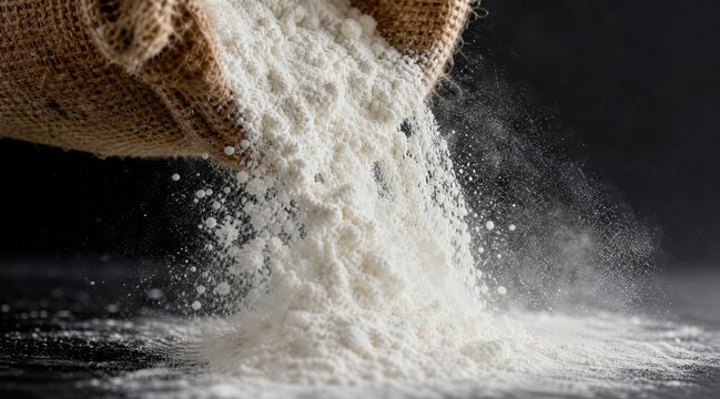 White flour cascading from a burlap sack