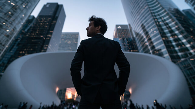 Businessman Standing in Front of City Skyscrapers at Dusk