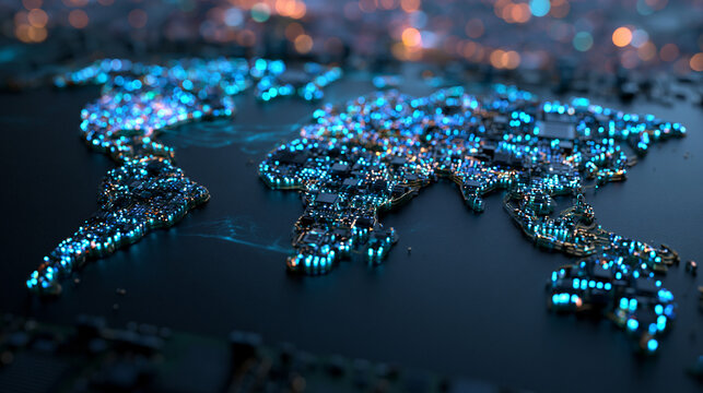 Digital World Map Made of Illuminated Glowing Circuit Boards