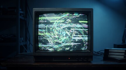 Fototapeta premium A vintage CRT television screen exhibits swirling, colorful static and digital distortion in low light.