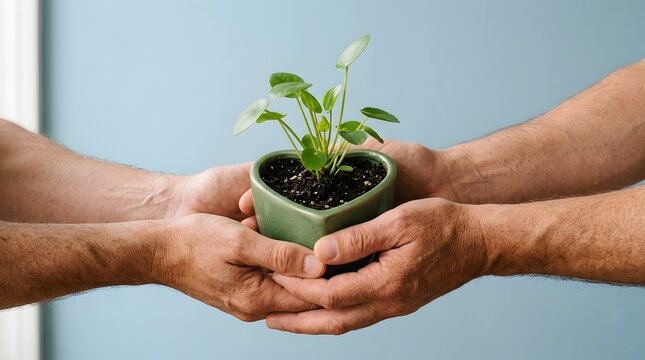 World mental health day two people holding a small pilea peperomioides plant in a heartshaped green ceramic pot against a light blue background