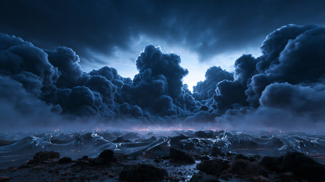 Dramatic Storm Clouds Gathering over Turbulent Ocean at Night