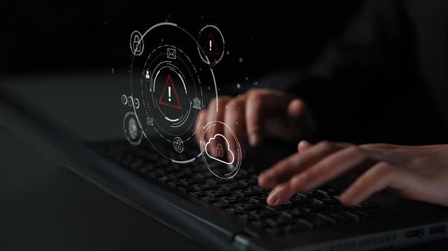 Hands Typing on Laptop with Cybersecurity Icons, Warning Signs, and Digital Elements Representing Virtual Protection and Threat Awareness. Entropy.