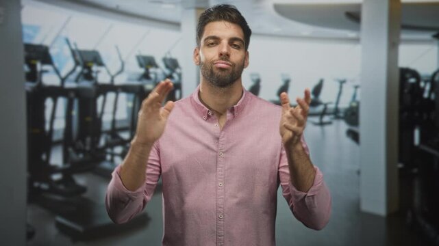 Hispanic man clapping hands in a gym studio, wearing a pink button shirt and beard, standing center frame, facing camera with slight smirk and open palms; confidence.