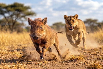 Fototapeta premium Dramatic low-angle shot of a warthog running forward as a lioness chases it in the African savanna