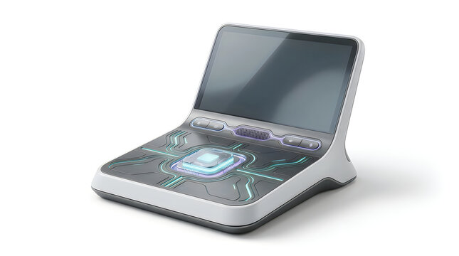 Futuristic payment terminal, smart card reader with digital interface, neon circuit details, advanced contactless POS gadget, technology mockup, cyberpunk aesthetic, high-tech device
