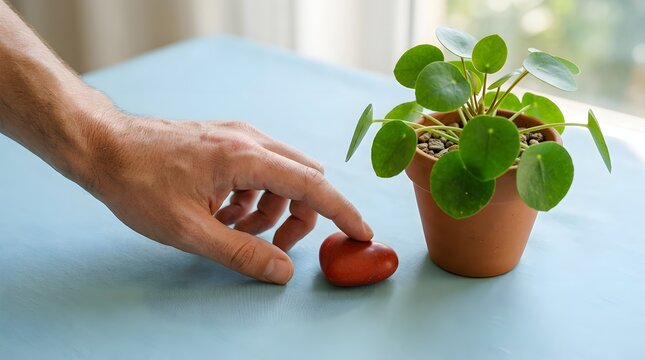 World mental health day hand touching a small red heartshaped stone next to a potted pilea plant on a light blue surface