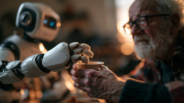 AI Robot Caregiver Serving Warm Drink to Senior Man