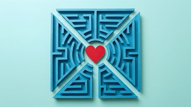 World mental health day a red heart placed in the center of four blue maze sections arranged in a square shape, representing love, relationships, and emotional complexity