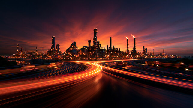 Oil Refinery at Sunset with Highway Light Trails