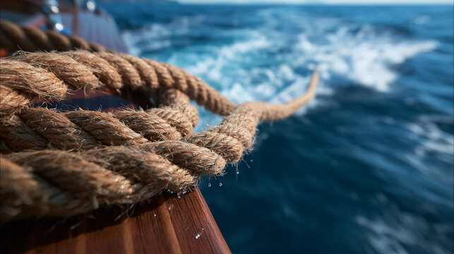 Thick Nautical Rope on Wooden Boat Sailing Across Blue Ocean