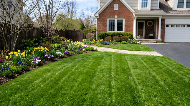 lush green lawn and spring flower garden | suburban house front yard landscaping | beautiful home exterior stone walkway | spring curb appeal blooming daffodils