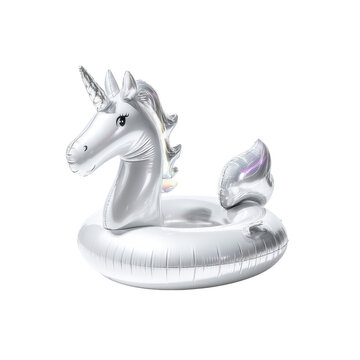 Iridescent white unicorn inflatable swim ring pool float isolated with soft shadow