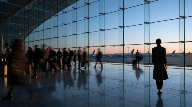 Business Traveler Standing in Modern Airport Terminal at Sunset