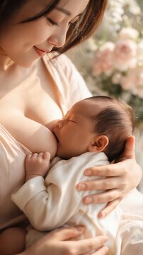 Asian woman breastfeeding her newborn baby. Close up shot of mother nursing infant with love. Maternal care, World Breastfeeding Week, healthy childhood development and bonding concept.