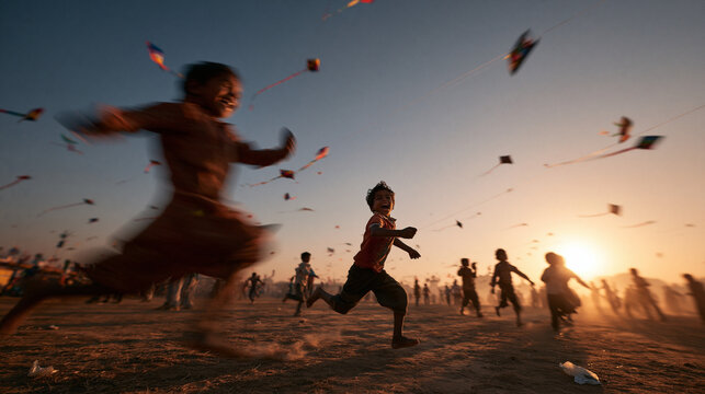 Children Flying Kites and Running Outdoors at Sunset