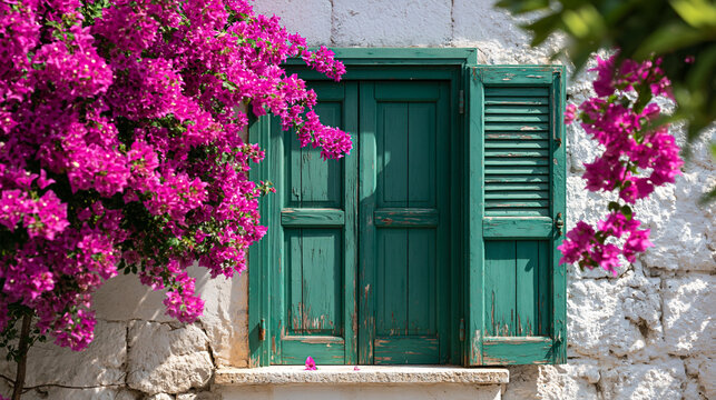 Green Wooden Window Shutters Framed by Pink Bougainvillea Flowers