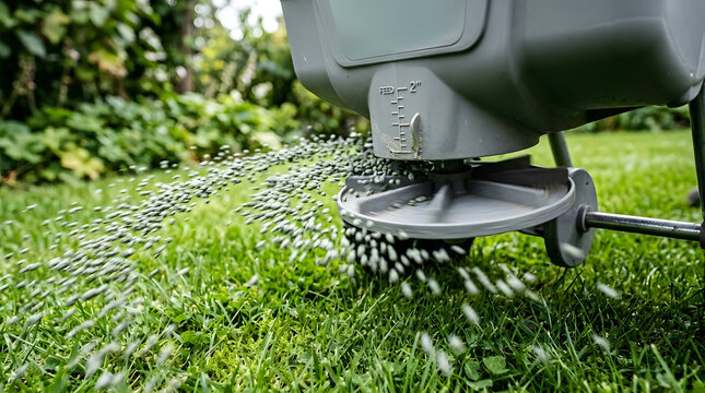 Fertilizing green grass lawn | Broadcast spreader applying garden treatment | Professional lawn care maintenance | Spreading seeds and fertilizer on backyard grass