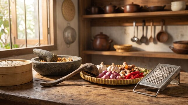 Traditional rustic kitchen counter with fresh ingredients, mortar, and vintage utensils