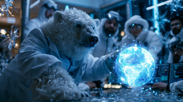 Polar Bear Scientist Interacting With Digital Globe Hologram in Lab