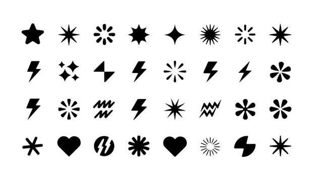 Assorted black icons including stars, lightning bolts, hearts, and abstract shapes on transparent background.