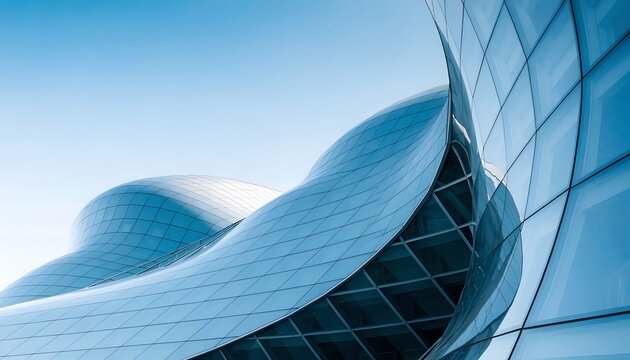 Futuristic architectural structure with sleek, curved glass panels in cool blue tones, set against a clear sky