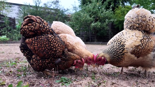 Drei Haush&uuml;hner fressen im Garten Mehlw&uuml;rmer in Zeitlupe, 8x
