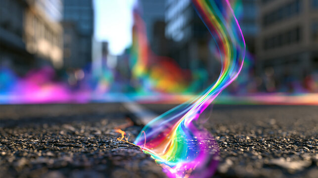Colorful Rainbow Light Smoke Trail on City Street Asphalt